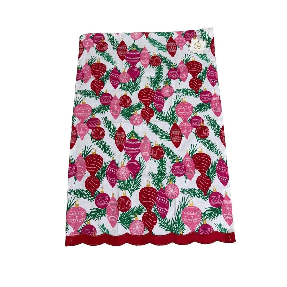 Mary Square Trim Tree Tea Towel Ornaments Pink & Red Shiny Bright 26”x18”